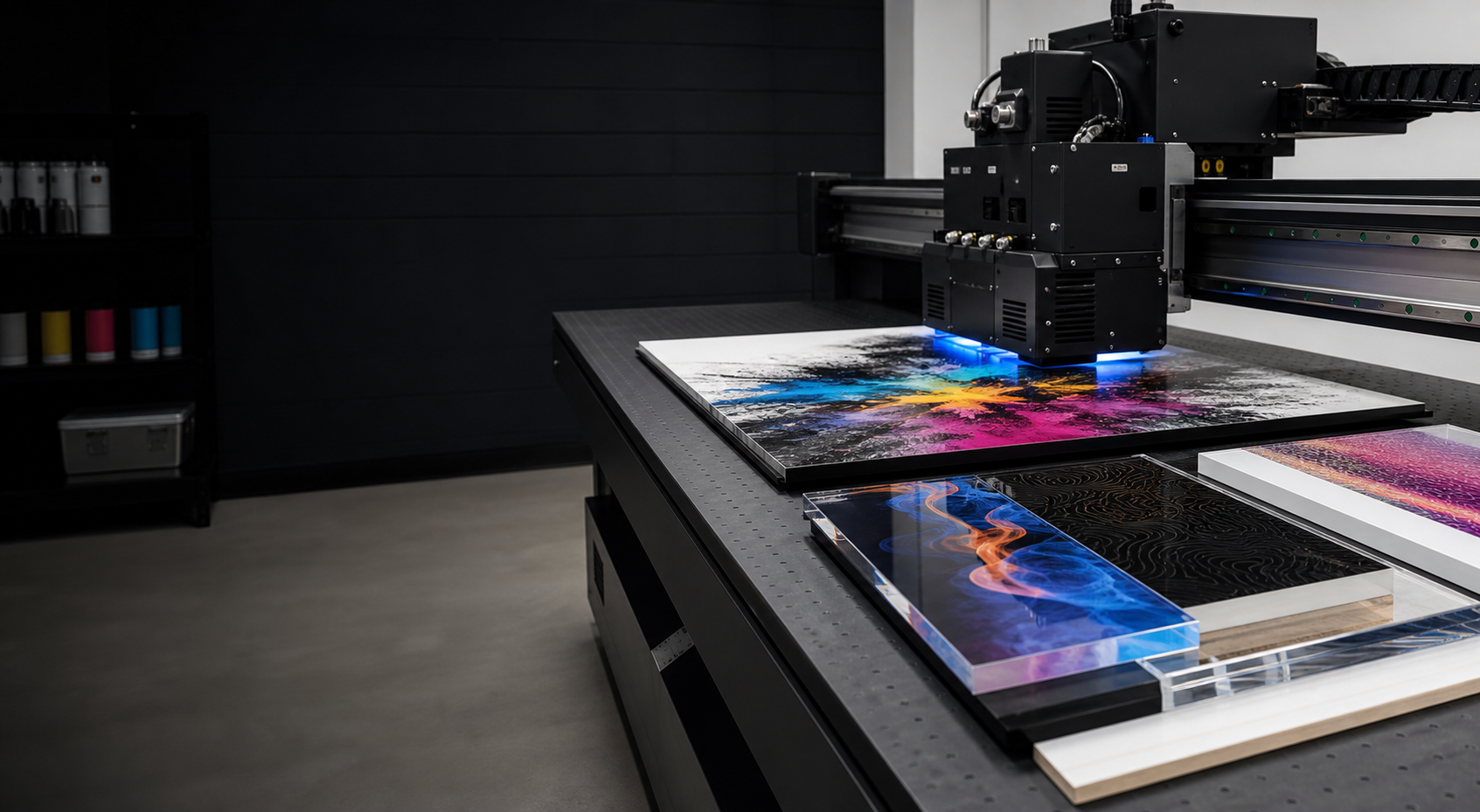 Flatbed printer producing printed panels in a clean print studio